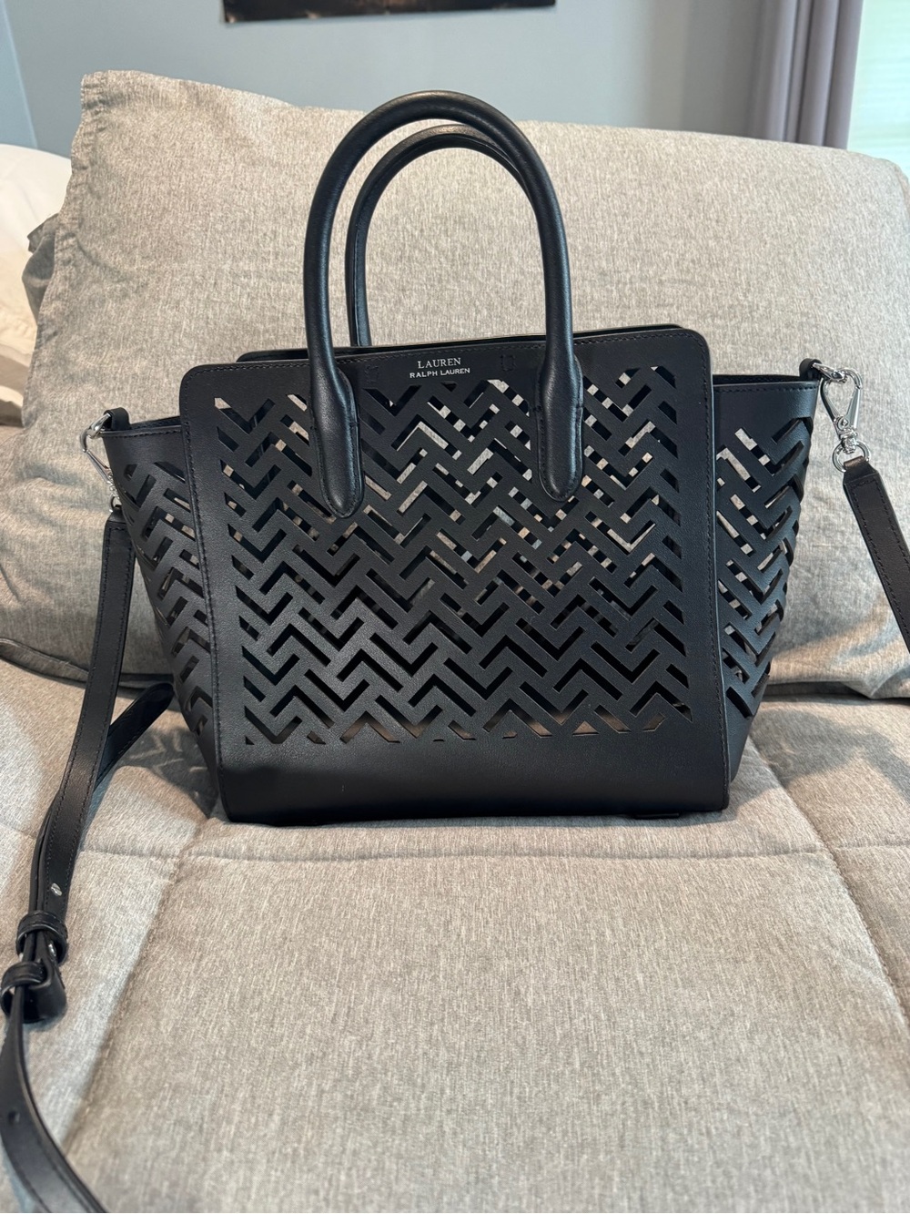 LAUREN Ralph Lauren Black Perforated Leather bag with removable insert